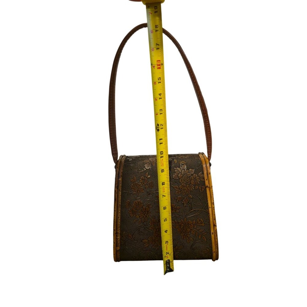 Vintage wood & bamboo basket handbag purse embossed Floral Latch Closure retro - Picture 12 of 12